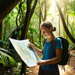 **

A vibrant jungle scene with hidden gems (gold nuggets) scattered throughout. In the foreground, a person with a determined expression uses a compass and map (representing OER search strategies) to navigate the dense foliage. Sunlight streams through the canopy, illuminating a clear path forward. The scene evokes a sense of adventure and discovery. Keywords: *OER, jungle, education, search, discovery, Sweden*.

**