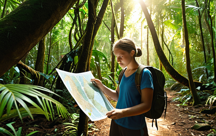 **
A vibrant jungle scene with hidden gems (gold nuggets) scattered throughout. In the foreground, a person with a determined expression uses a compass and map (representing OER search strategies) to navigate the dense foliage. Sunlight streams through the canopy, illuminating a clear path forward. The scene evokes a sense of adventure and discovery. Keywords: *OER, jungle, education, search, discovery, Sweden*.
**